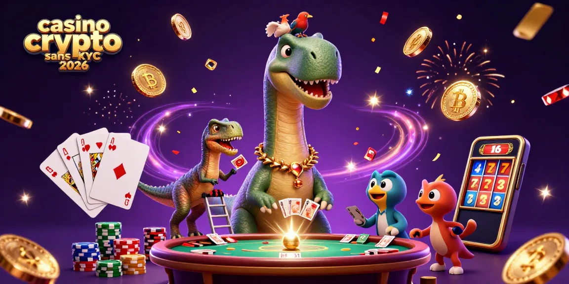 Illustration dynamique de casino crypto sans KYC 2026 avec un brontosaurus, joueur de cartes et éléments lumineux.