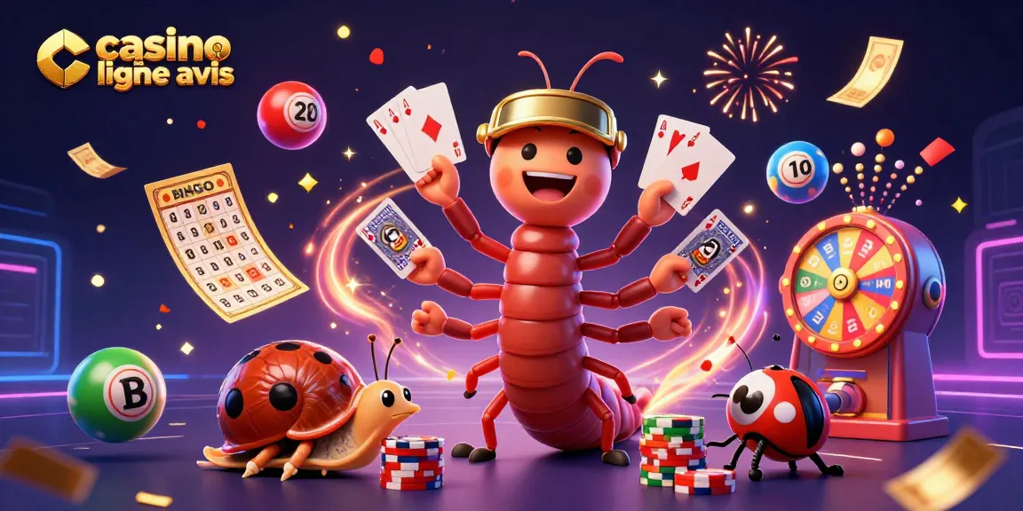 Des jeux riches en animations sur un casino en ligne avis : des cartes, des jetons et des ballons colorés.