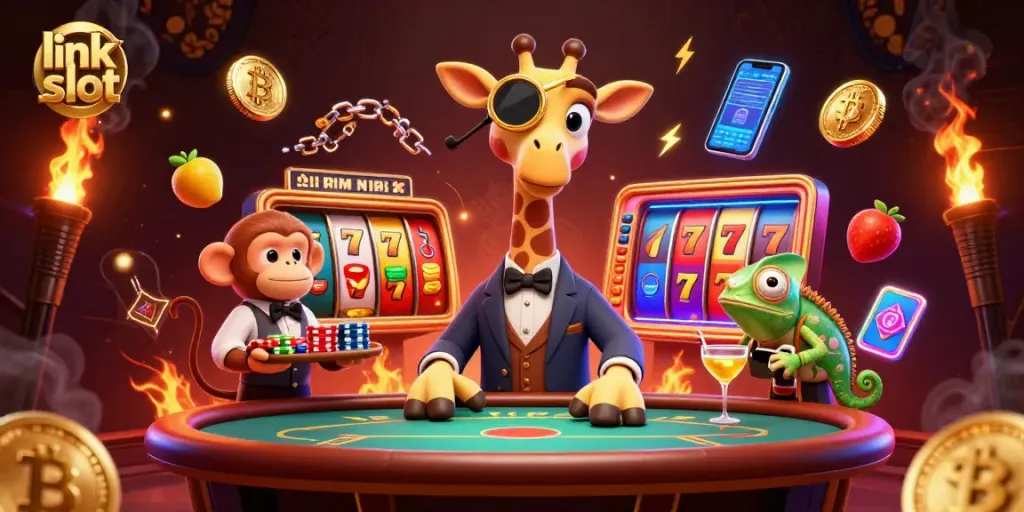 Spin the reels and win big with link slot featuring vibrant characters and casino elements.