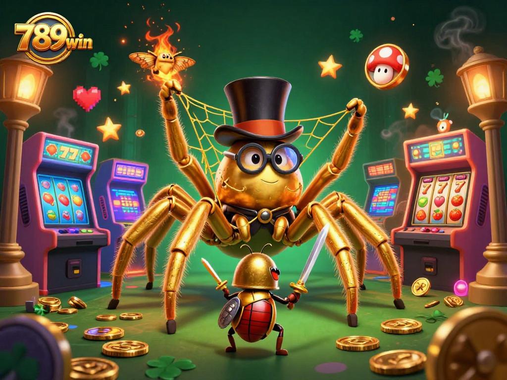 Engage with the vibrant 789win casino scene featuring a golden tarantula and beetle knight.