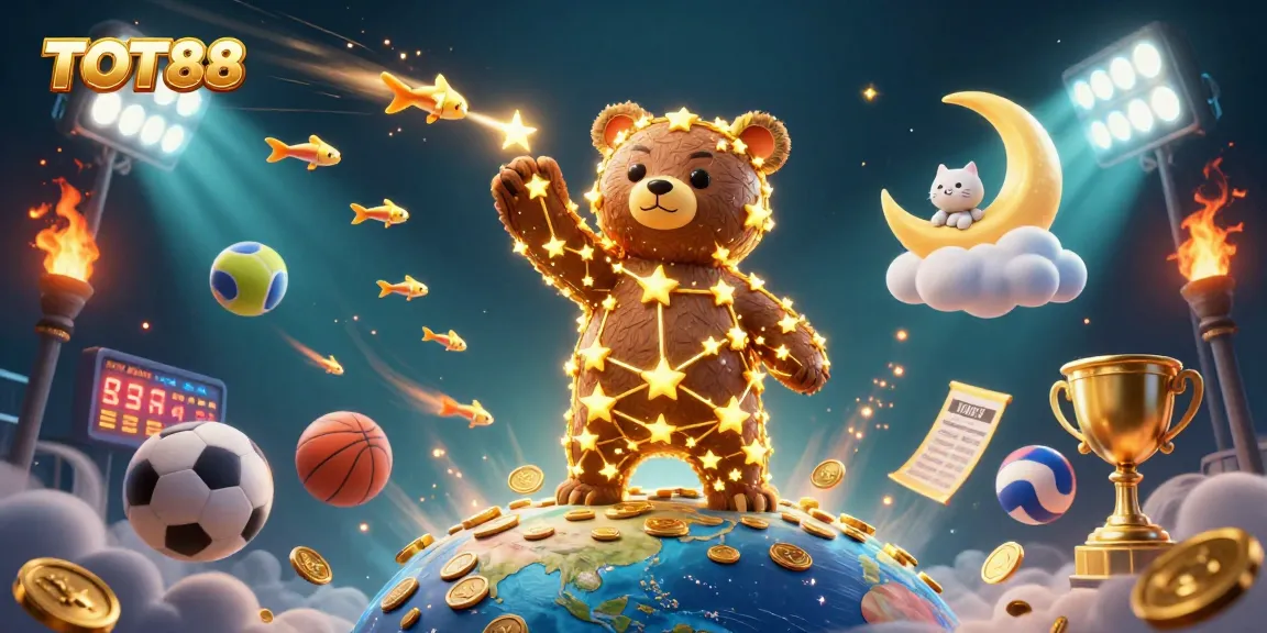 Experience the excitement of TOT88 with vibrant sports betting elements and dynamic celestial characters.
