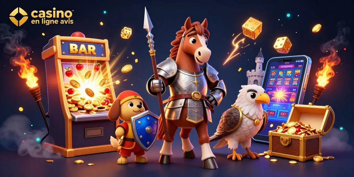 Avis sur les casinos en ligne avec des personnages de chevalier, des machines à sous et des symboles dans une scène animée.