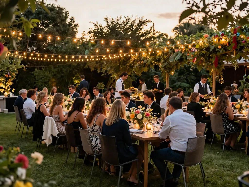 Event rentals setting a magical garden atmosphere with gourmet catering and elegant decor during a sunset.