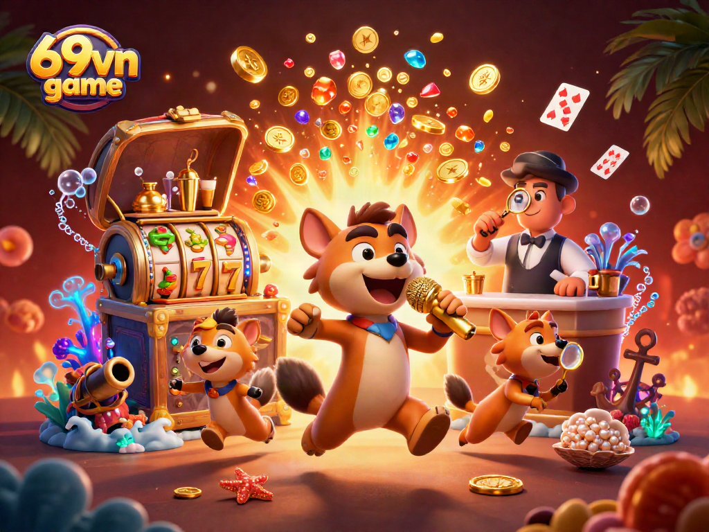 Experience the excitement of 69vn game with hyenas in a vibrant casino scene mixing drinks and telling jokes.