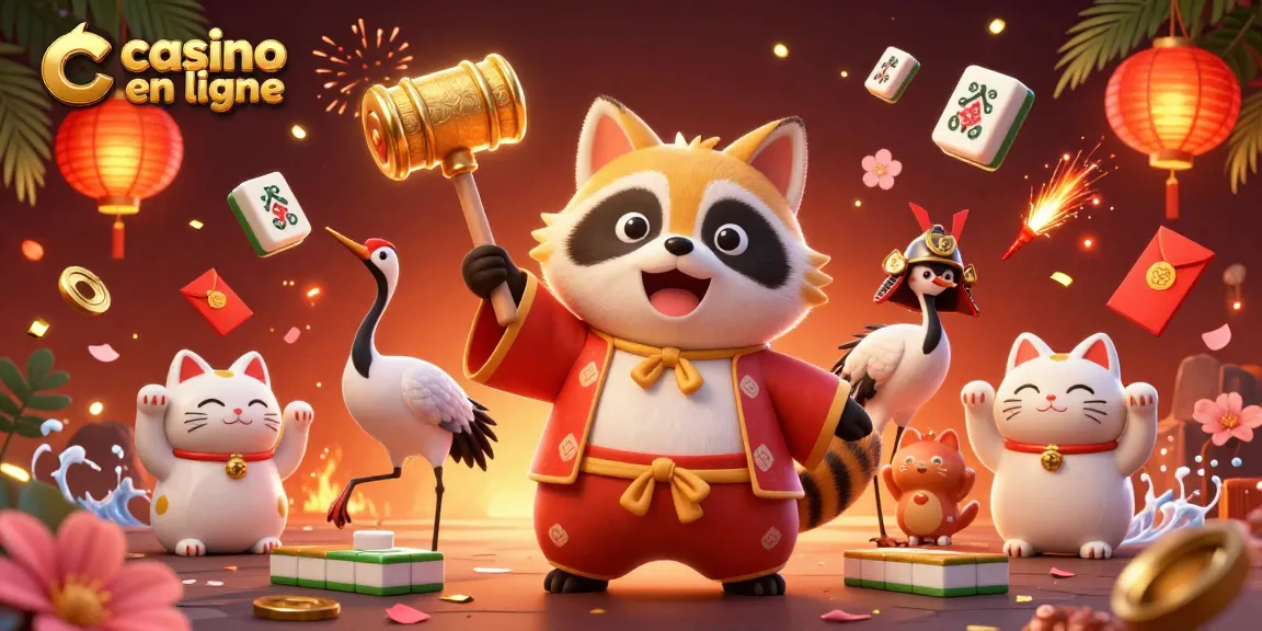 Jouez sur un casino en ligne avec ce tanuki sympathique et chanceux en pleine action, entouré de jeux d'argent.