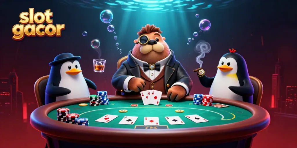 Engaging scene depicting slot gacor as a jolly walrus and friends play poker underwater with vibrant casino elements.