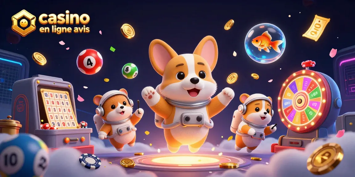 Évaluez les avis des casinos en ligne dans un espace de jeu dynamique avec un corgi astronaute.