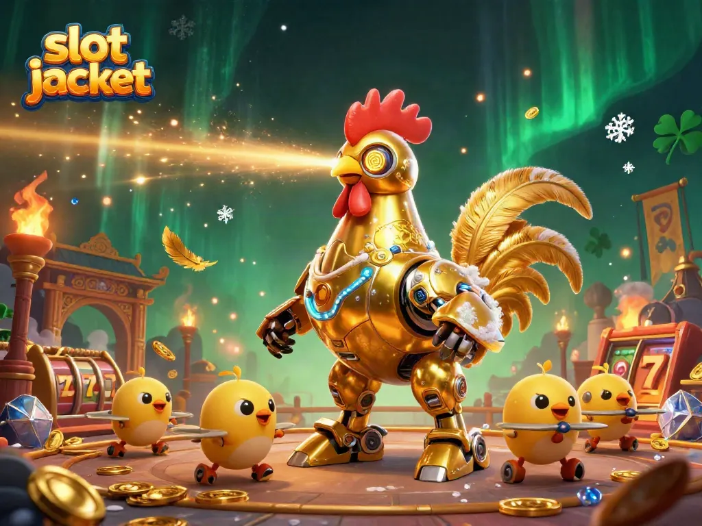 Engage in thrilling gameplay with slot jackpot alongside a golden rooster robot amidst dynamic casino elements.