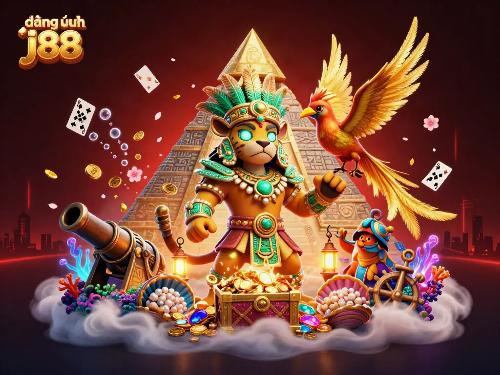 Engage with đăng nhập j88 through a vibrant 3D casino scene featuring a Mayan priest and quetzal bird.