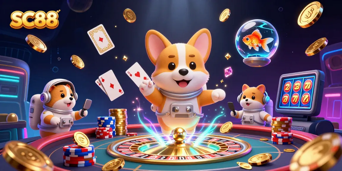 Win big with SC88 in a vibrant 3D casino scene, showcasing dynamic gaming elements.