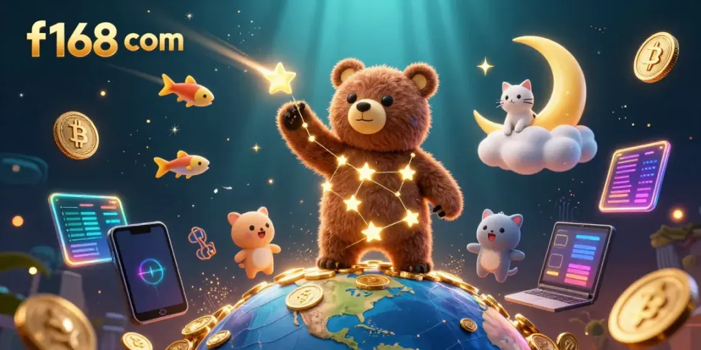Experience the vibrant allure of f168 com with a constellation bear and crypto elements in a rich 3D scene.