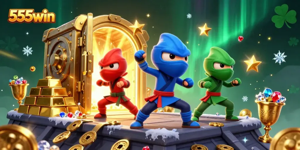 Experience dynamic action in 555win with colorful characters in a glittering casino treasure scene.