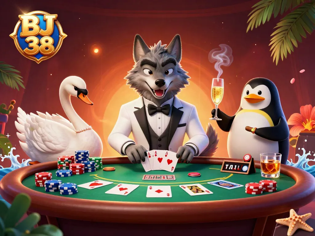 BJ 38 showcases an engaging 3D casino scene with vibrant characters and rich gambling elements.