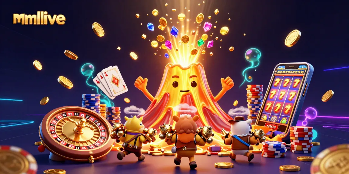 Experience thrilling mmlive entertainment with vibrant casino characters amidst cascading coins and gems.