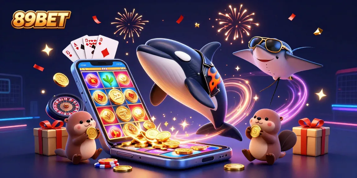 Experience excitement with 89BET as cartoon sea creatures celebrate winnings in a vibrant casino scene.