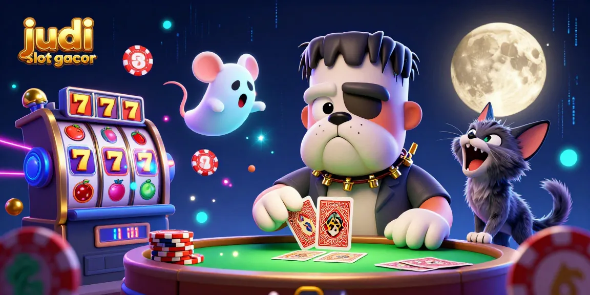 Engage in judi slot gacor with a thrilling scene featuring a Frankenstein bulldog and vibrant slot elements.