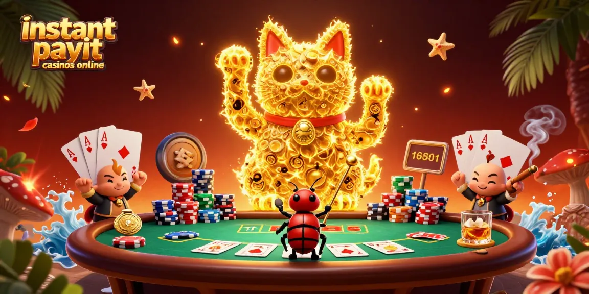 Experience instant payout casinos online with vibrant 3D art of golden fireflies and casino symbols.