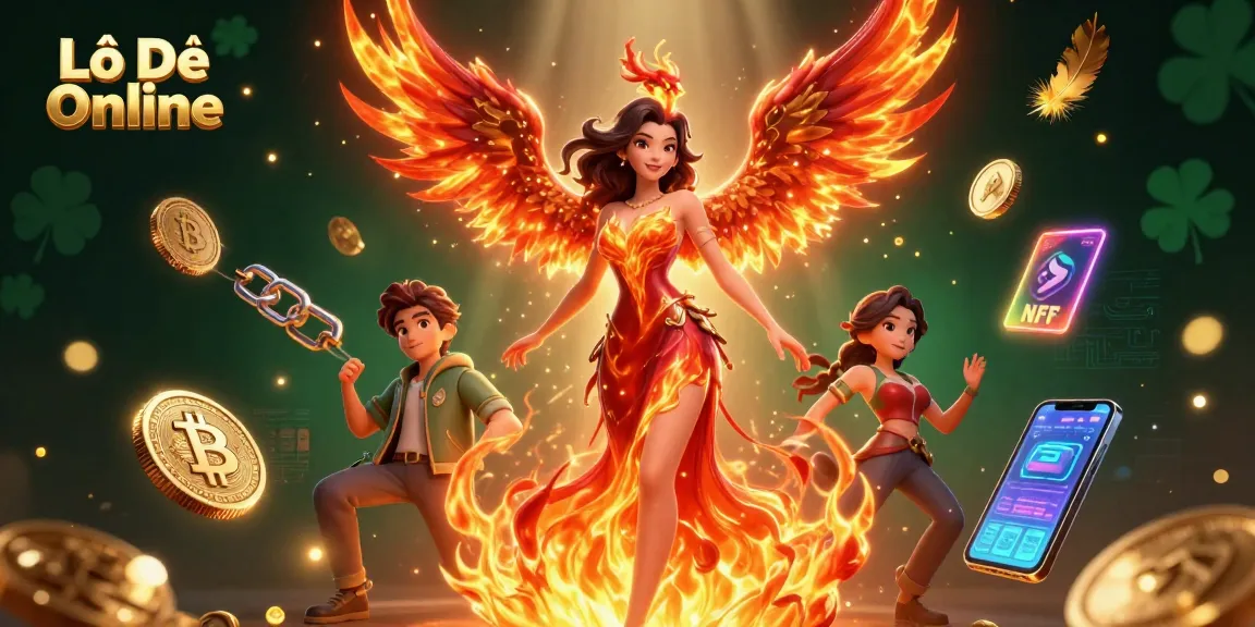 Lô Đề Online showcases a stunning Asian woman in flames with a phoenix, surrounded by cryptocurrencies, captivating viewers.