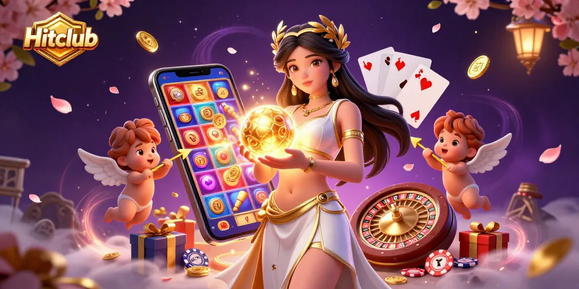 Experience excitement at Hitclub with vibrant gaming elements and enchanting characters in a magical scene.