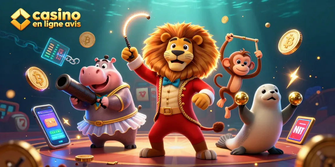 Illustration dynamique avec un lion comme atout du casino en ligne, accompagnée de jeux de machines à sous et de pièces de crypto.