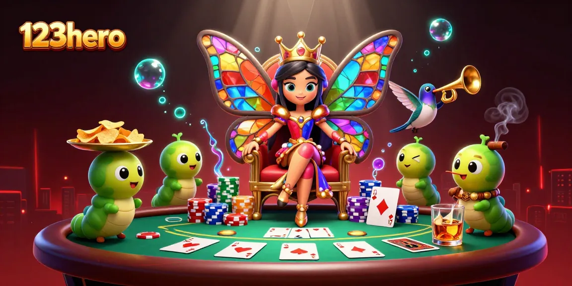 Engage with 123hero's dynamic casino illustration showcasing poker excitement with colorful characters.