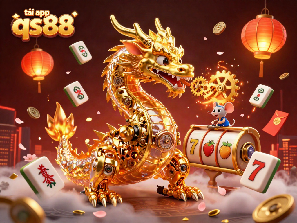 Experience excitement with tải app qs88 featuring a golden dragon, slot reels, and vibrant casino elements.