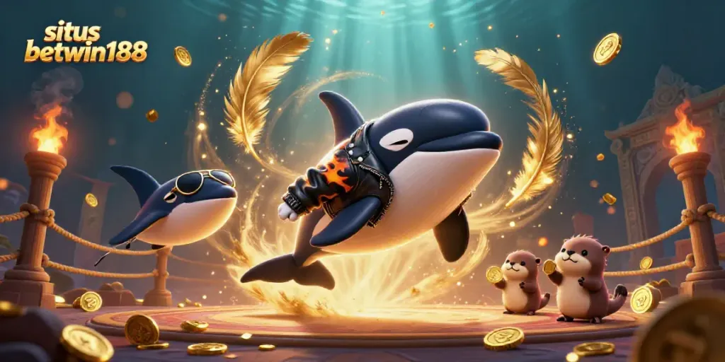 Akses cepat situs betwin188 dengan gambar orca biker, pari terbang, dan berang-berang beruang koin emas.