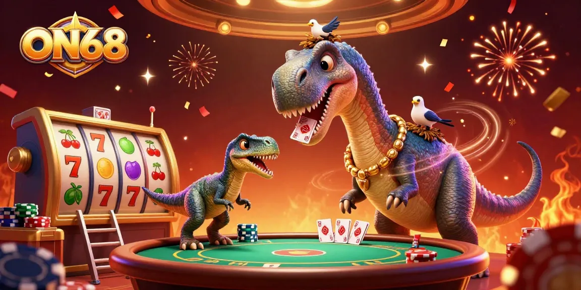 Experience thrilling gameplay at ON68 with a vibrant casino scene featuring a playful brontosaurus.