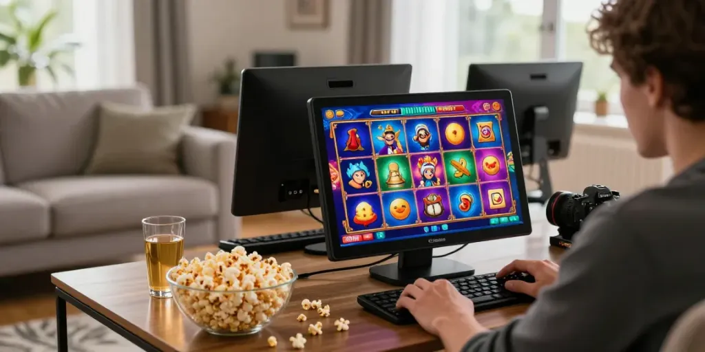 Permainan slot online di smartphone dengan suasana ruang tamu yang nyaman dan menyenangkan.