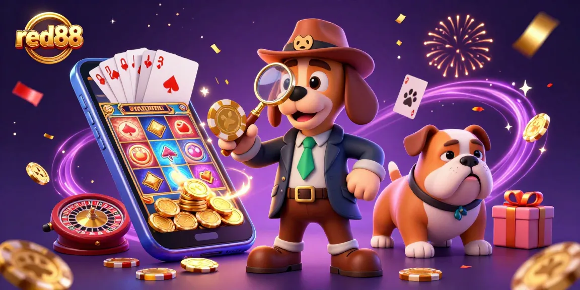 red88's vibrant illustration shows a cartoon detective exploring poker clues among festive casino elements.