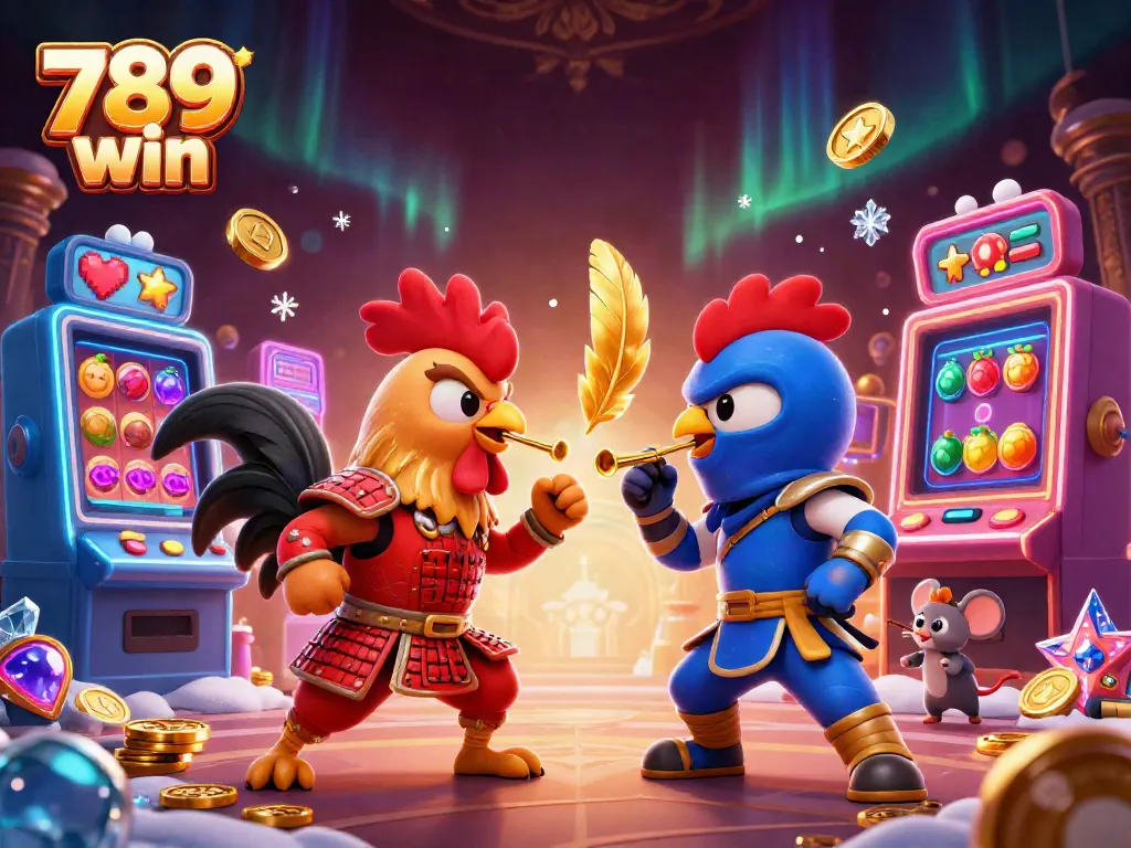 Engage in thrilling action at 789 win with a dramatic rooster standoff amid colorful casino elements.