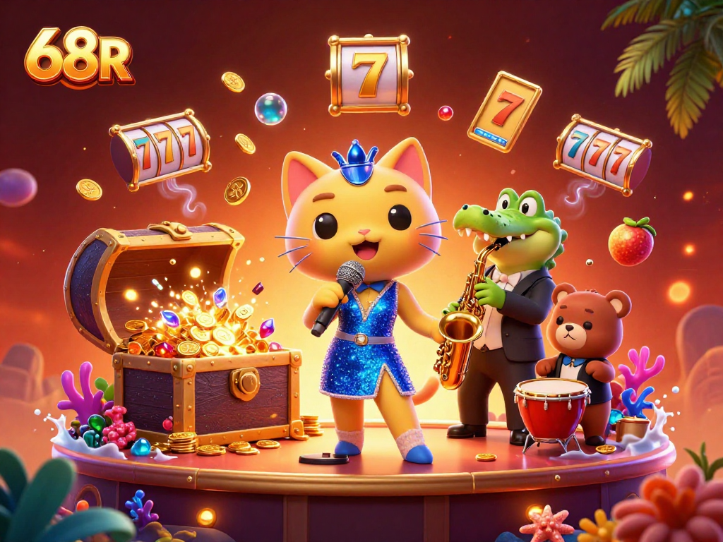 Explore o vibrante clima do cassino 68R com personagens únicos e elementos de jogos.