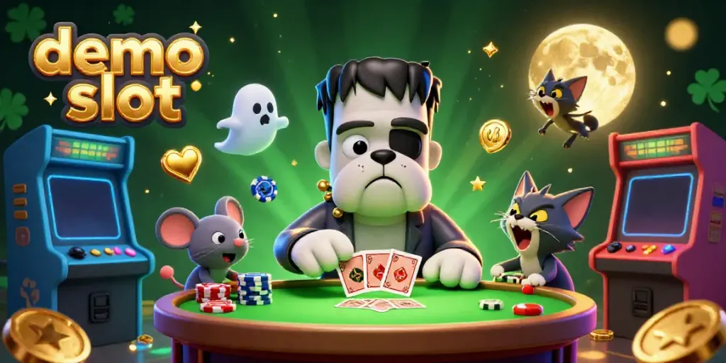 Karakter Frankenstein bulldog monster bermain demo slot di meja spooky yang disinari hijau.