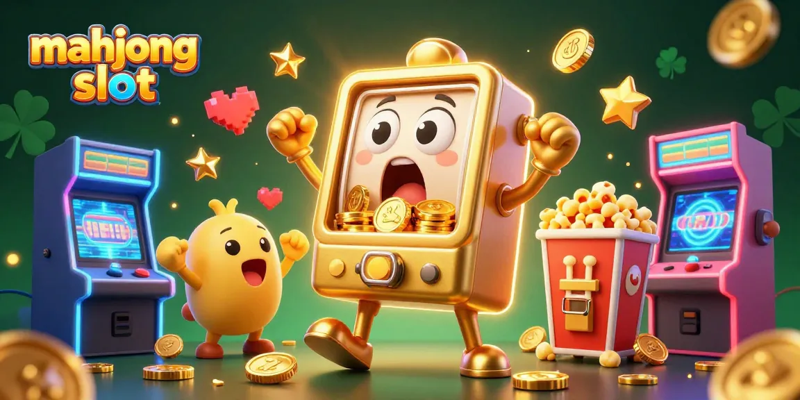 Experience excitement with the mahjong slot as a golden slot machine hits a jackpot with cheering companions.