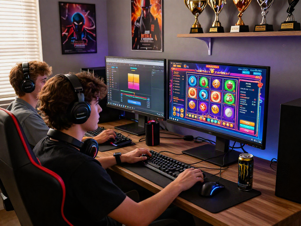 Excited gamer engaging with vibrant online casino graphics, showcasing the bonus new member 100 offer in a cozy gaming setup