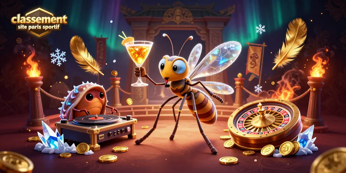 Un auditorium dynamique avec un moustique en ambre comme mascotte de casino et un DJ trilobite, illustrant le classement site paris sportif.