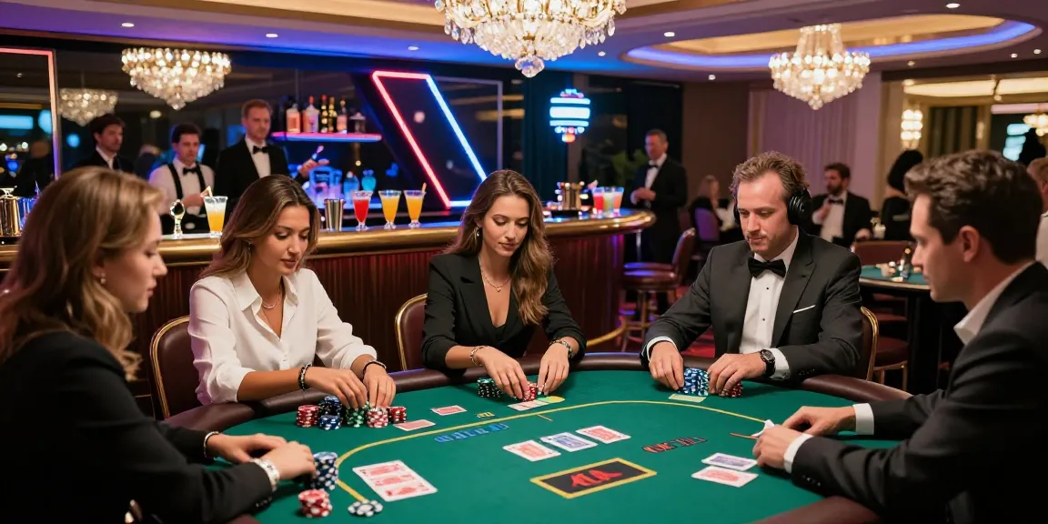 Exciting casino atmosphere at rokok88 featuring players engaged in poker with vibrant decor and luxury settings.