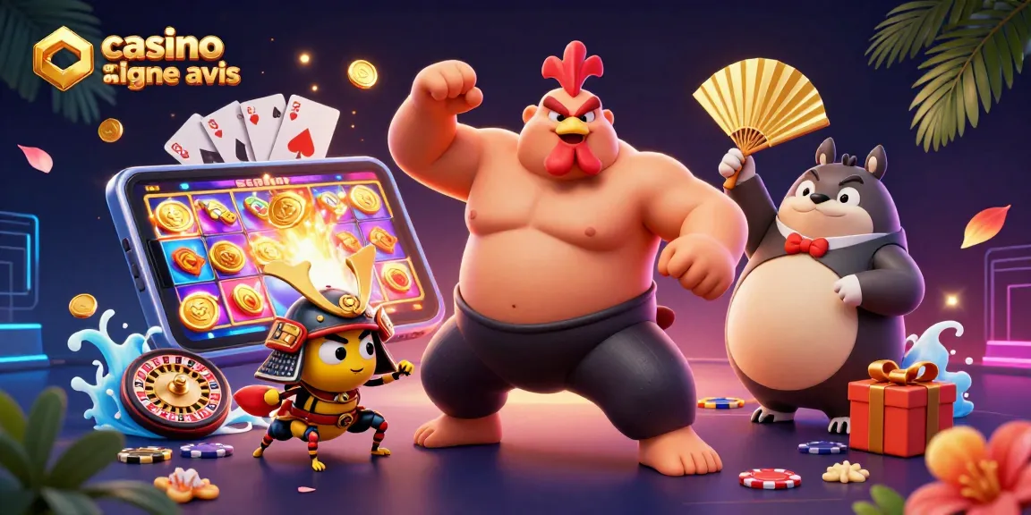 Image illustrant un avis de casino en ligne, avec des personnages de jeu autour d'un smartphone et d'éléments de casino.