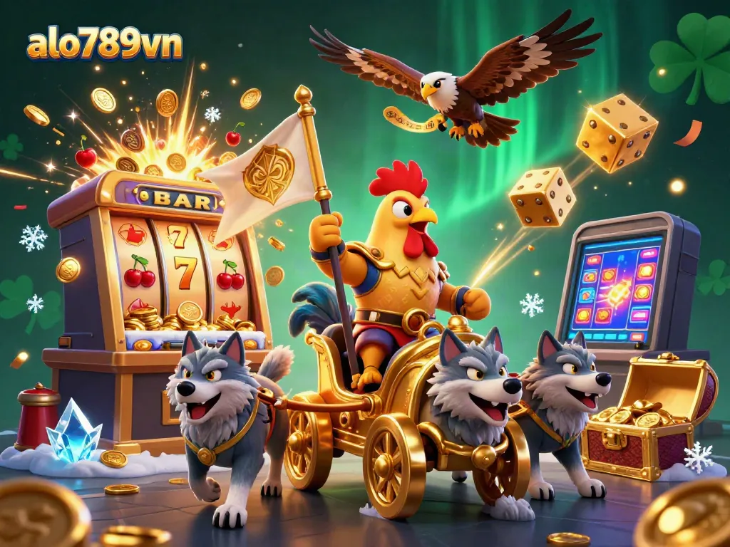 Engage with exciting gambling adventures at alo789vn, featuring a rooster warlord amidst jackpots and dynamic casino elements.