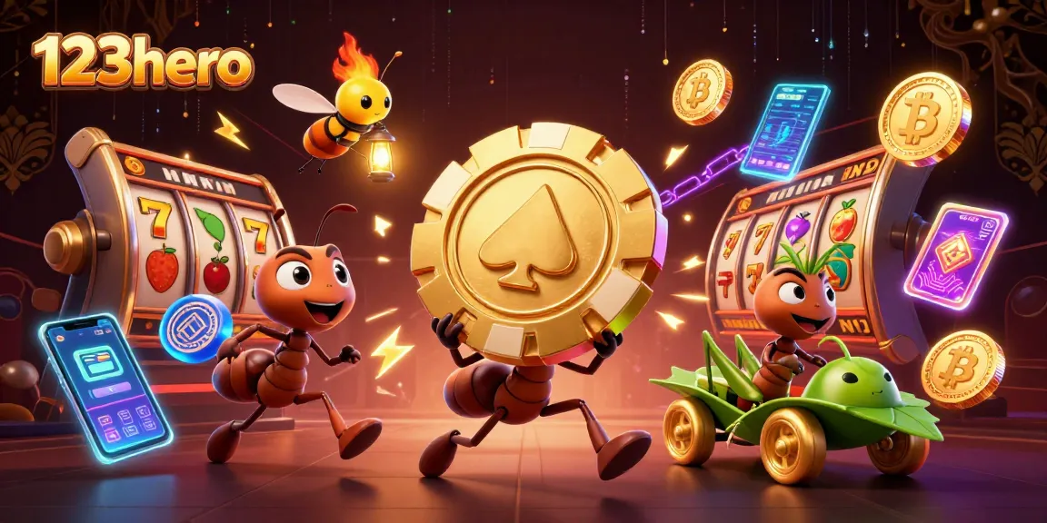 Join the 123hero ants in a thrilling heist with golden poker chips and vibrant casino elements.