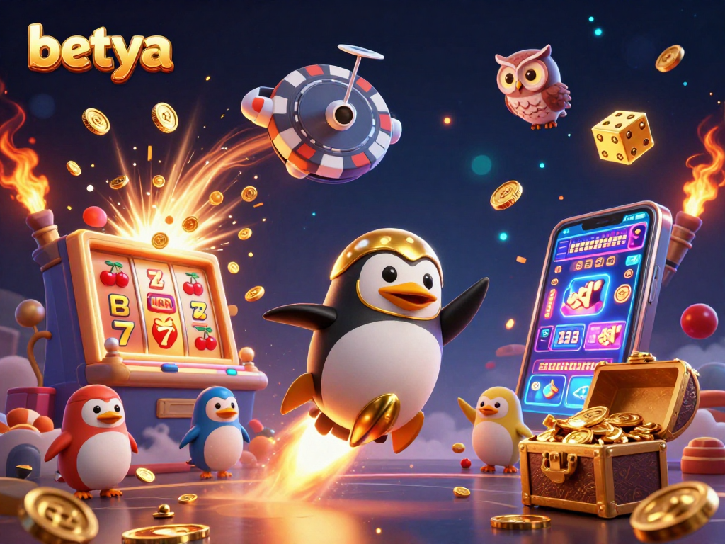 Experience excitement at betya with a dazzling rocket-powered penguin flying towards a cosmic casino!