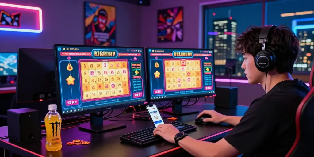 Gamer penuh semangat di ceritoto dengan layar menunjukkan permainan togel online di malam hari.