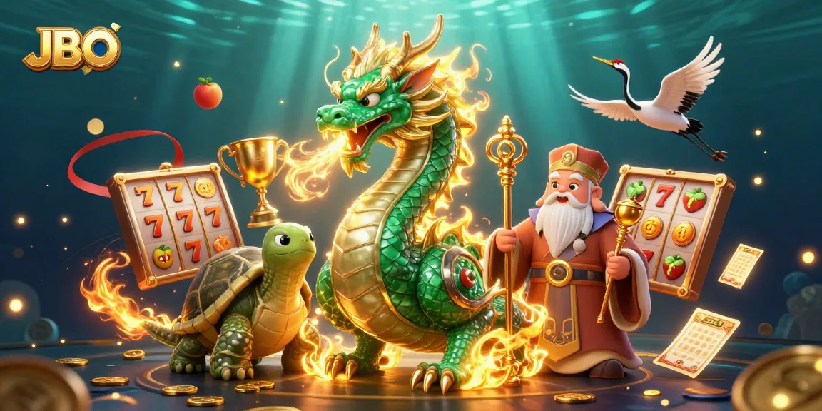 Engage with JBO's exhilarating slots, featuring a majestic dragon and vibrant lucky symbols.
