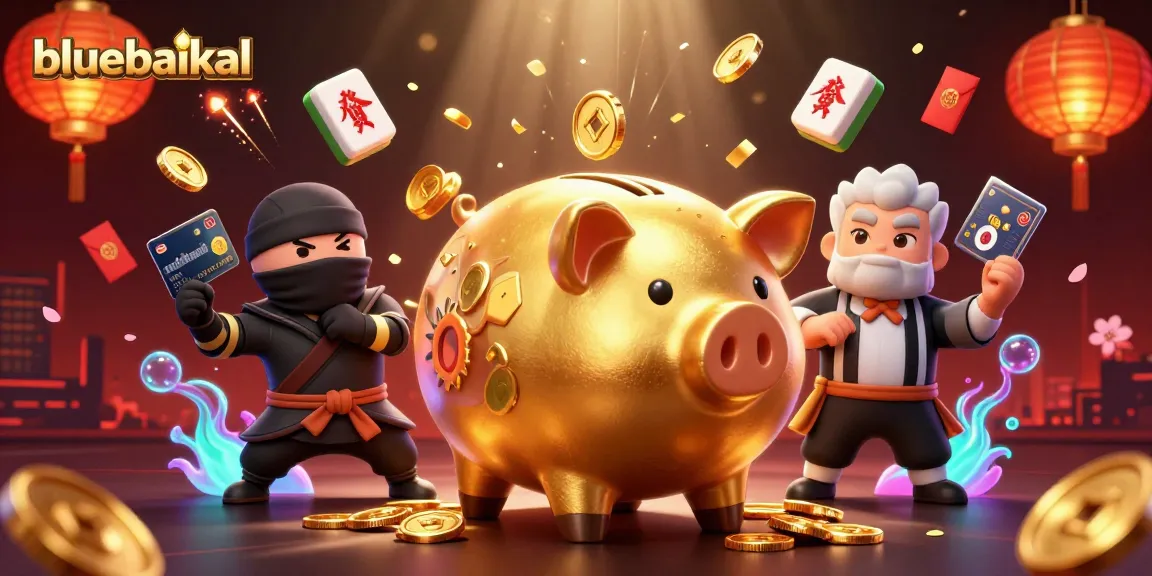 Experience gaming excitement with bluebaikal featuring a golden piggy bank sumo wrestler surrounded by luck symbols.