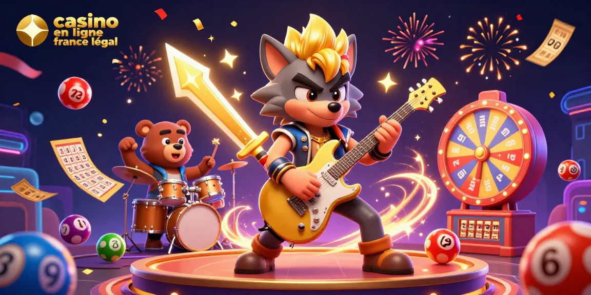 Illustration dynamique de casino en ligne France légal, avec un loup rock star et un ours batteur créant une ambiance festive.