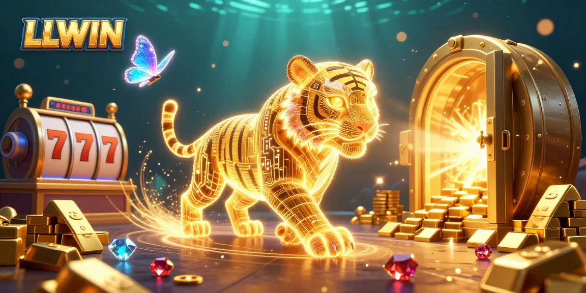Engage with LLWIN's vibrant 3D casino scene featuring a neon tiger and exciting game elements.