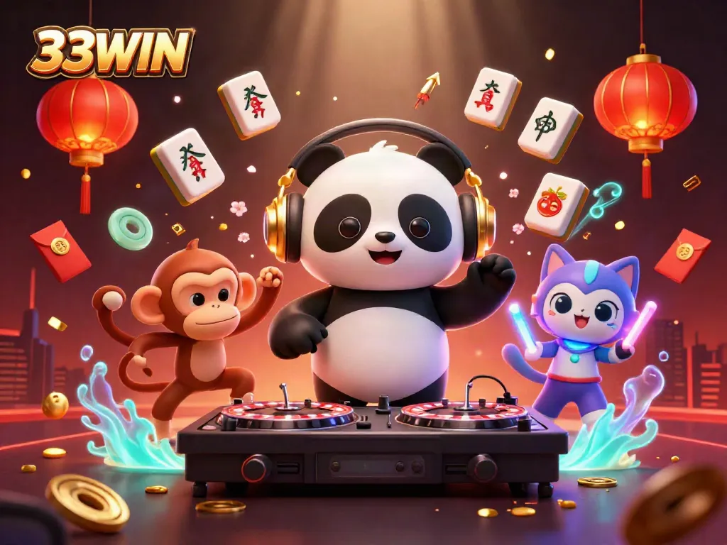 Experience the vibrant energy of 33WIN with a DJ panda and friends in a festive casino environment.