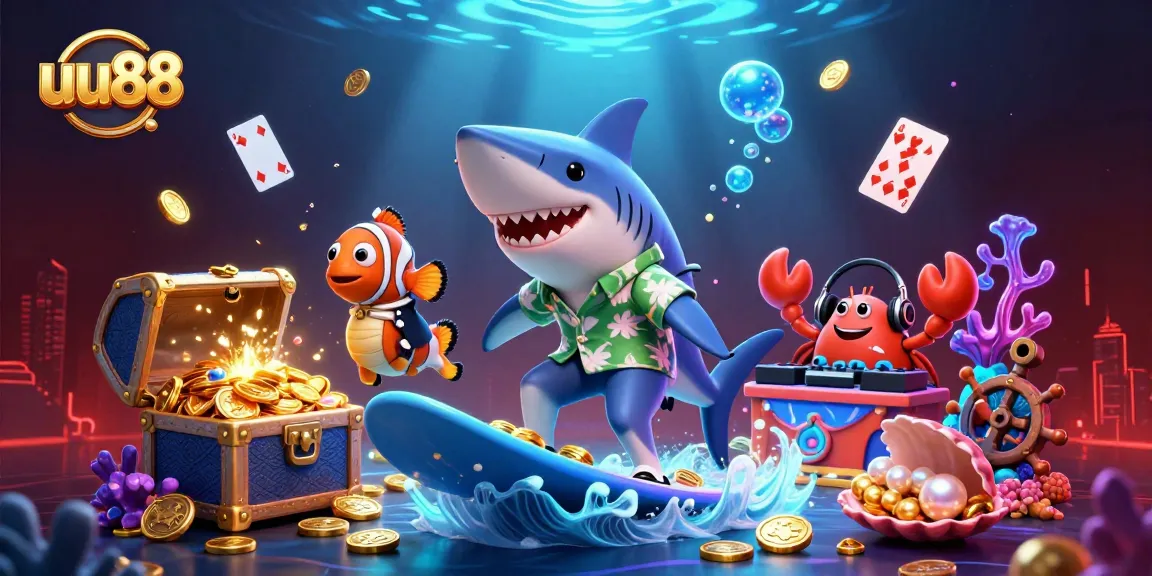 uu88 offers a vibrant underwater scene with a hammerhead shark, clownfish, and crab DJ celebrating in a treasure-filled casino setting.