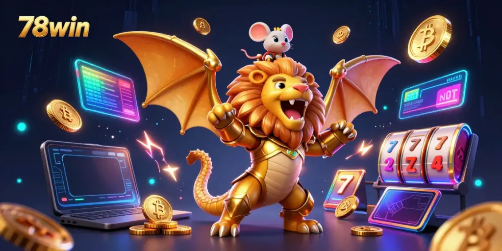 The roaring chimera creature in golden armor showcases winning strategies at 78win with crypto elements.