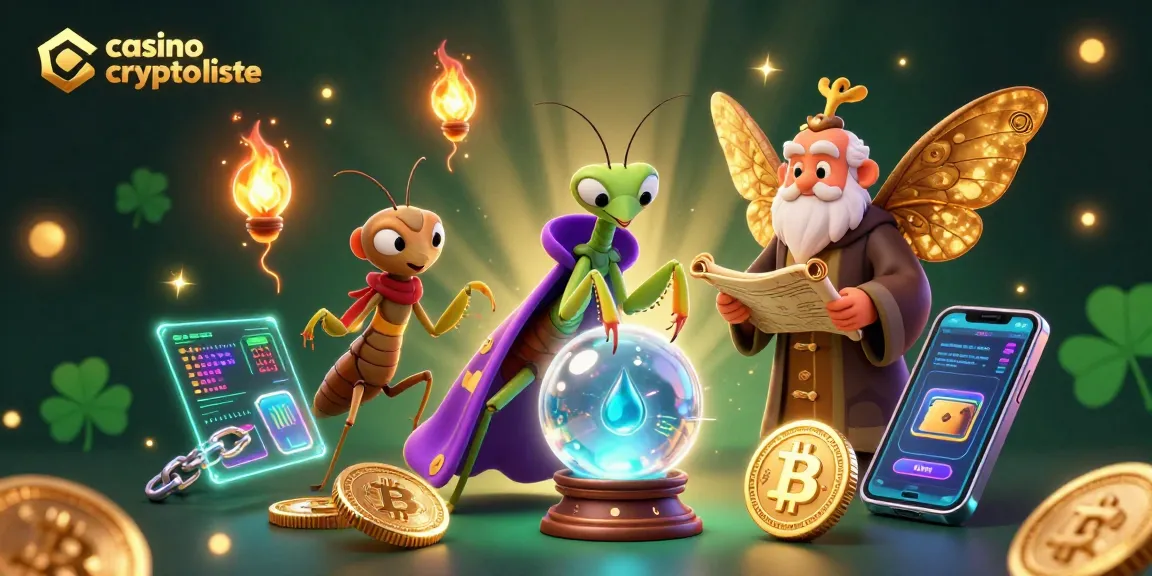 Illustre les éléments de casino crypto liste avec un caméléon et un papillon dans un univers magique.
